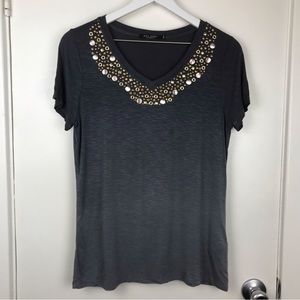 Max Jeans Grey Short Sleeve Tee with Bedazzled Neckline Size Small